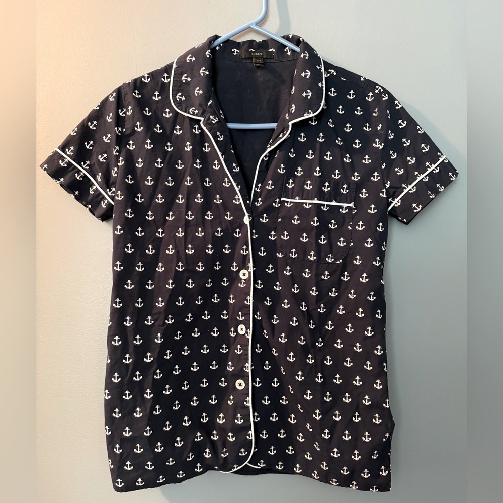 J. Crew Pajamas Top Button Down Anchors Navy  & White Womens Sz XXS 100%‎ Cotton